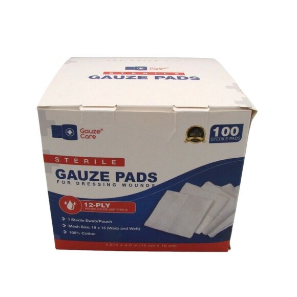 NEW Box Gauze Care Sterile Pads 100 Ct 4x4 Individual 12 Ply Wounds Dressing Cut - Picture 1 of 9